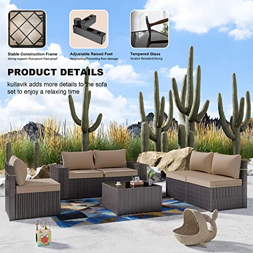 Outdoor Patio Furniture Set 6 Pieces Sectional Rattan Sofa Set Brown PE Rattan Wicker Patio Conversation Set with 5 Seat Cushions and 1 Tempered Glass Table,Sand