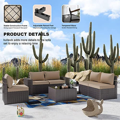 Outdoor Patio Furniture Set 6 Pieces Sectional Rattan Sofa Set Brown PE Rattan Wicker Patio Conversation Set with 5 Seat Cushions and 1 Tempered Glass Table,Sand