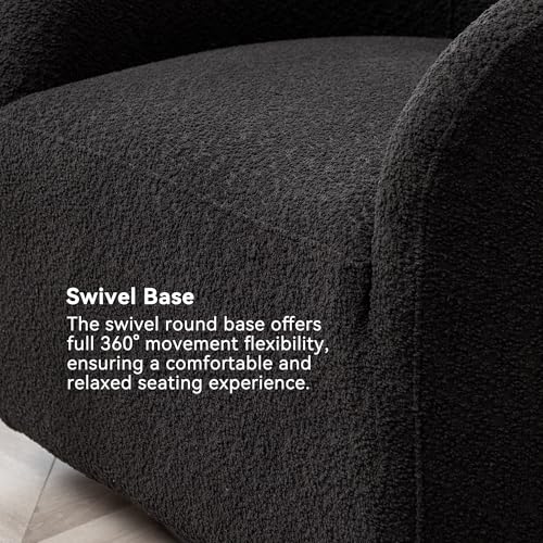 32" Wide Modern Boucle Swivel Barrel Chair, No Assembly Round Upholstered Swivel Accent Armchair for Living Room, Bedroom, Office (Black)