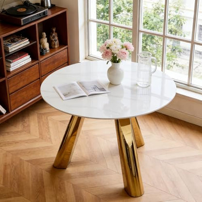 42" Luxury Sintered Stone Table: 0.45" Top + 6" Steel Legs, 350lb Capacity, Stain,Heat Resistant White,Gray Veined Design