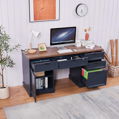 60" Farmhouse Executive Desk with Charging Station,Home Office Desk with 4 Drawers & 1 Cabinet&1 File Cabinet,Main Drawer with Lock,Wood Desk for Office and Home