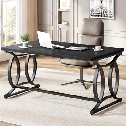Black Home Office Desk, 55 Inch Metal Wood Computer Desk, view 2