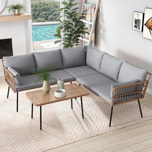 4 Pieces Sectional Sofa Couch, L-Shaped Sofa with 5 Seater for Living Room, Detachable Lounger with Thickness Cushions and Side Table - Grey