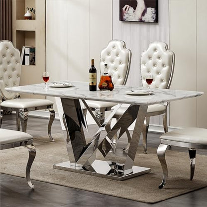 Marble Dining Table for 6 People, 70'' Rectangle Faux Marble Dining Table with Mirrored Stainless Steel Base, Large Size Marble Kitchen Table (Silver,White)(ONLY Table)