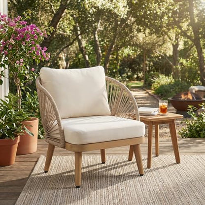 Lydia Boho Patio Furniture Acacia Wood Club Chair, Outdoor Lounge Chair, Modern Tub Accent Chair with Rope Woven and Removable Cushions, Deep & Sturdy Seating, Natural+Beige