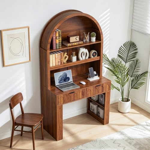 Arched Office Desk with Hutch, Walnut, Desktop 39.4" Wx 19.7" D, view 5