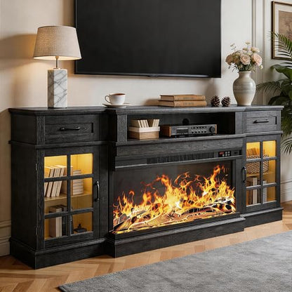 70" Fireplace TV Stand, 3-Sided Glass Fireplace and Modern Entertainment Center, view 2