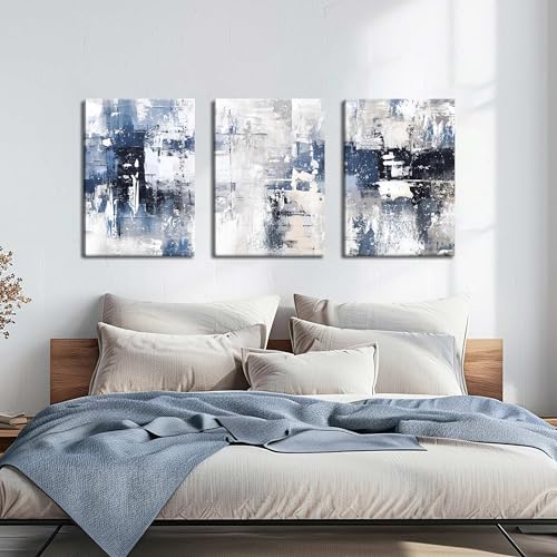 Abstract Blue and White Wall Art Set of 3, Modern Simple Navy Framed Canvas Prints Poster, Gray Painting Picture for Living Room, Bedroom, Office Wall Decor 12x16 Inch