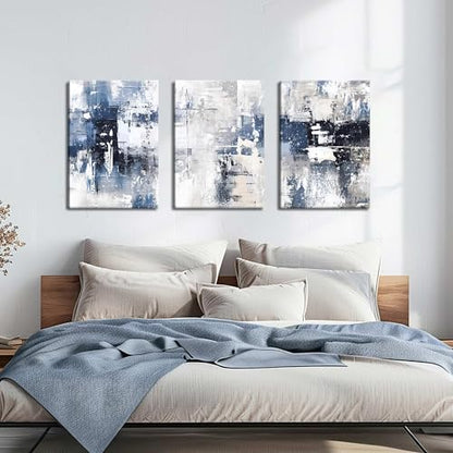Abstract Blue and White Wall Art Set of 3, Modern Simple Navy Framed Canvas Prints Poster, Gray Painting Picture for Living Room, Bedroom, Office Wall Decor 12x16 Inch
