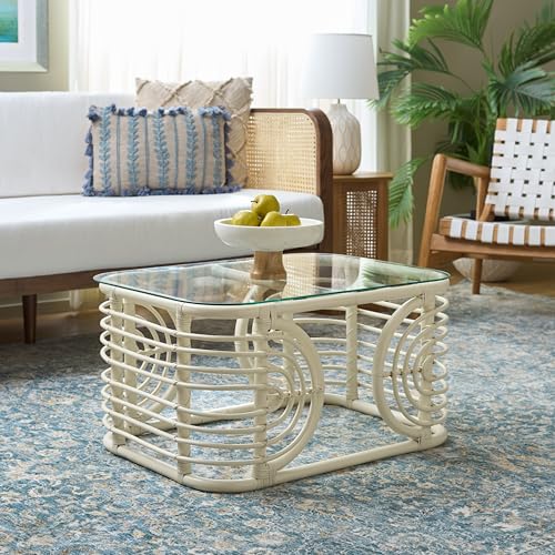 SAFAVIEH Furniture - Lidiya Coffee Table - White Rattan with Glass Top - Boho Coastal Living Room Accent Table, Fully Assembled, 30.7" W x 22.8" D x 15.9" H (COF9900A)