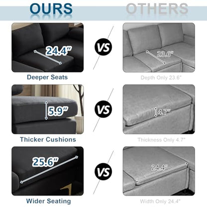 110" Modern Sectional Couch with 51" D Double Chaise, Black Deep Seat U Shaped Couch with Removable Pillows & Metal Legs, Comfy 4-Seat Sofas for Living Room, Linen Fabric