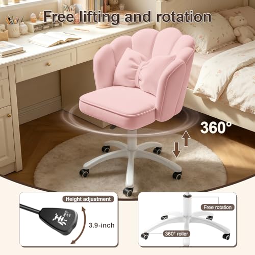 Petal Desk Chair with Bow Cushion Velvet Vanity Chair with Wheels, Upholstered Home Office Chair for Girls Women, Mid-Back Swivel Computer Task Chairs for Living Room Bedroom, Light Pink