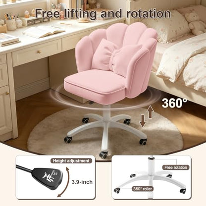 Petal Desk Chair with Bow Cushion Velvet Vanity Chair with Wheels, Upholstered Home Office Chair for Girls Women, Mid-Back Swivel Computer Task Chairs for Living Room Bedroom, Light Pink