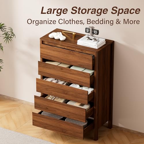 Walnut Dresser for Bedroom, 5 Drawer Dresser with Wood Legs, Tall Wood Dresser, view 6