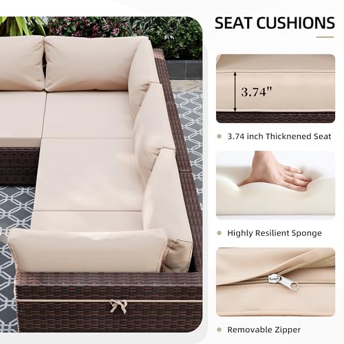 7 Pieces Patio Furniture Sets, Wicker Outdoor Sectional Sofa Couch with Coffee Table, Patio Conversation Set for Deck Backyard Garden, Brown Rattan, Beige Cushion