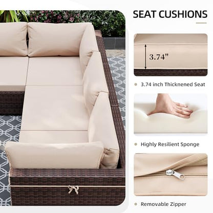 7 Pieces Patio Furniture Sets, Wicker Outdoor Sectional Sofa Couch with Coffee Table, Patio Conversation Set for Deck Backyard Garden, Brown Rattan, Beige Cushion