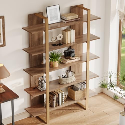 Tribesigns 5-Tier Bookshelf, Boho Bookcase, Morden Open Bookshelves with Metal Frame, 71" H x 12" D x 47" W, for Bedroom, Living Room, Home Office, Retro Oak, Beige