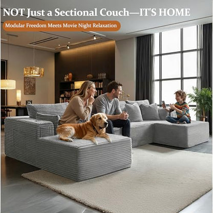 138" Oversized Cloud Sectional Couch, Comfort U Shaped Boneless Couch for Living Room, Extra Deep Seats No Assembly, Modular Sofa, Corduroy (Light Grey, 3 Seater+Left Facing Chaise+Ottoman)