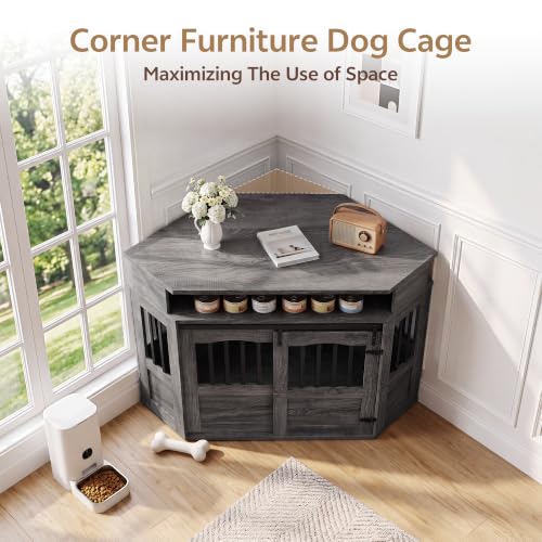 52" Corner Dog Crate for Medium Dogs, Indoor Dog Kennel Grey, view 4