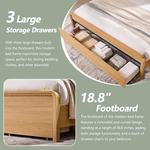 Modern King Size Bed Frame with 50" Tall Headboard, Natural Oak, view 6