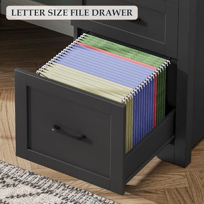 Farmhouse 61'' Executive Desk with 7 Drawers, Rustic Office Desk Computer Table with File Drawers, Wood Workstation for Study and Home Office,Pure Black