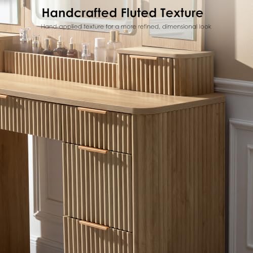 Vanity Desk with Trifold Mirrors, 52.76” Wide Makeup Vanity Table, Oak, view 4