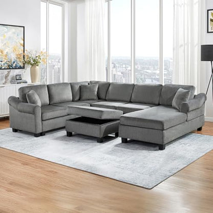 Sectional Sofa 111.8" U Shaped Sofa Chenille Upholstered Sofa Couch with Movable Storage Ottoman for Living Room, Dark Gray