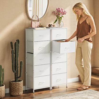 Tall Dresser for Bedroom, 5 Drawer Dresser, White, 5 vertical fabric drawers, view 3