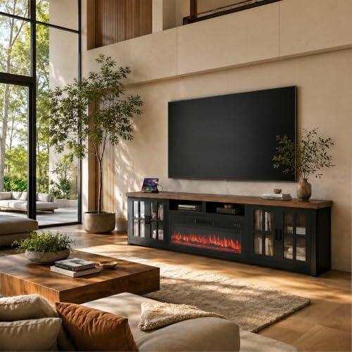 86" Wood Fireplace TV Stand, Black, view 4