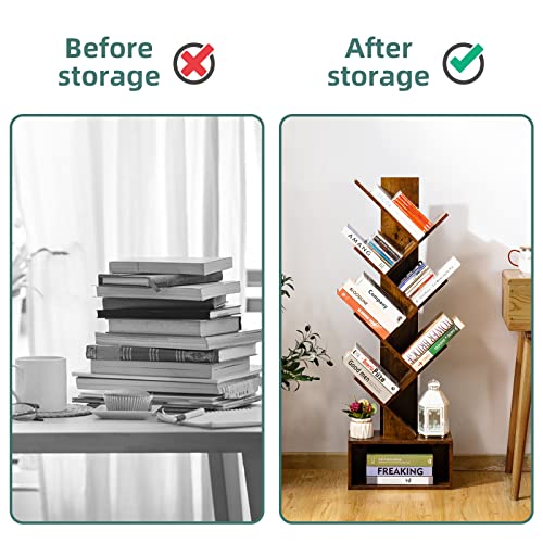 Tree Bookshelf - 6 Shelf Retro Floor Standing Bookcase, Tall Wood Book Storage Rack for CDs/Movies/Books, Utility Book Organizer Shelves for Bedroom, Living Room, Home Office, Rustic Brown
