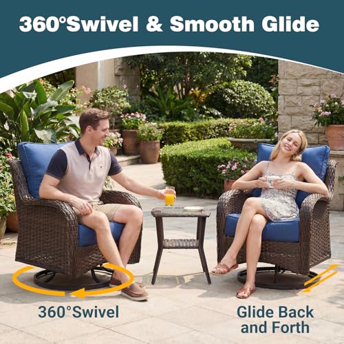 Patio Furniture Set, 7PCS Outdoor Wicker Conversation Set with 6" Thick Cushions, High Back Rattan Sofa & Swivel Rocker Chairs, Weather Resistant Olefin Fabric for Garden, Poolside, Navy Blue