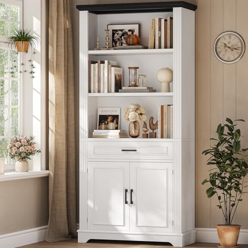 Farmhouse Bookshelves and Bookcases with Doors and Drawer, Bookshelf with Storage, Floor Standing 6 Shelf Display Storage Shelves 70 in Tall Bookshelf for Home Office, Living Room, White