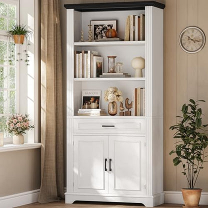 Farmhouse Bookshelves and Bookcases with Doors and Drawer, Bookshelf with Storage, Floor Standing 6 Shelf Display Storage Shelves 70 in Tall Bookshelf for Home Office, Living Room, White