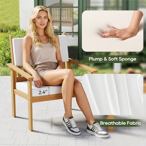 3-piece Patio Furniture Set Acacia Wood Patio Bistro Set Outdoor Chat Conversation Table Chair Set Wood Chat Set with Water Resistant Cushions and Coffee Table Chairs for Beach Backyard Garden