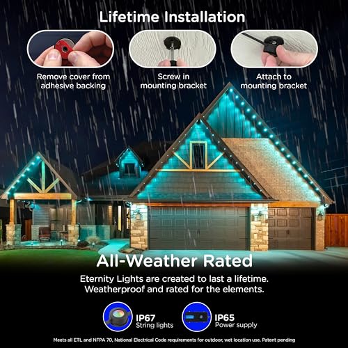 Eternity Permanent Outdoor Lights, 100ft with 72 RGBWIC LED Lights, App‑Controlled, Cuttable, Christmas, Accent & Year‑Round Eave Lighting, Works with Alexa & Google Home, 82730
