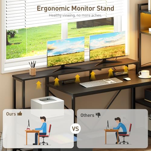 75" L Shaped Gaming Desk with Hutch, L Shaped Desk with Drawers, LED Light, Power Outlets & Pegboard, Corner Desk with Storage Shelves & Monitor Stand for Home Office, Black