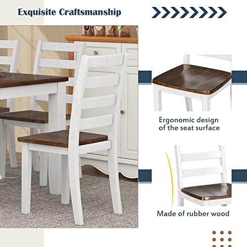 Modern 6 Piece Dining Table Set for 6, Farmhouse Wooden Rectangular Kitchen Table Set with 4 Chairs & a Bench, Kitchen Room Furniture Set (Walnut + Cottage White)