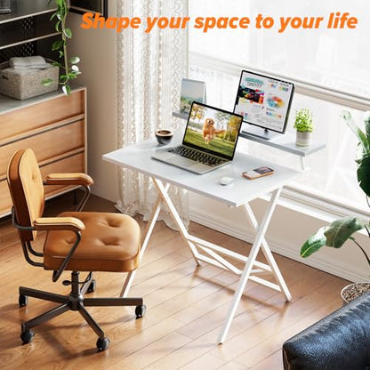Folding Computer Desk with Adjustable Height, 23.6" x 31.5" x 25.6" Foldable Table with Monitor Stand, Small Office Desk for Bedroom, Space Saving Desk for Home Office, Easy Assemble, White