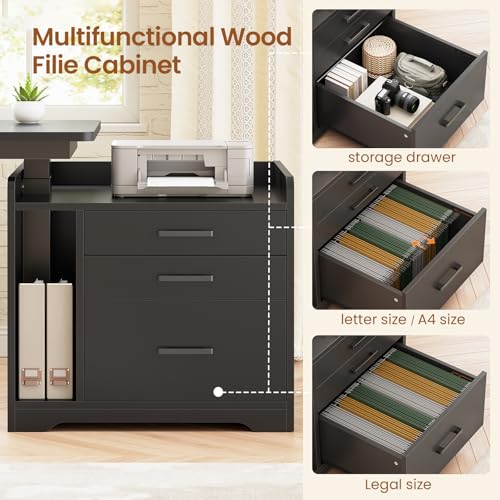 L Shaped Electric Standing Desk with File Cabinet, 63 x 53'' Height Adjustable Home Office Computer Desk with Drawers, Power Outlet, Stand up Gaming Table with Led Lights, Keyboard Tray, Black