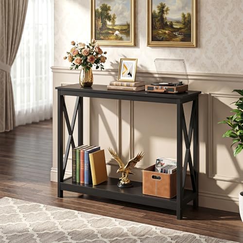Sofa Side Console Table with 2 Storage Shelves Narrow Accent Table for Entryway/Hallway/Living Room, 39.3in L x 11.8in W x 31.6in H, Black