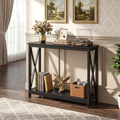 Sofa Side Console Table with 2 Storage Shelves Narrow Accent Table for Entryway/Hallway/Living Room, 39.3in L x 11.8in W x 31.6in H, Black