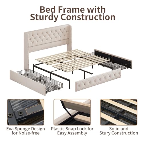 King Size Bed Frame with Storage Drawers and Wingback Headboard Linen, view 5