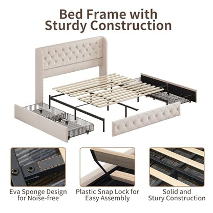 King Size Bed Frame with Storage Drawers and Wingback Headboard Linen, view 5