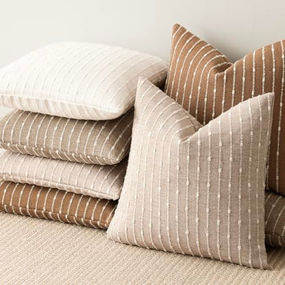 Pack of 2 Decorative Jacquard Boucle Throw Pillow Covers Accent Textured Striped Pillowcases Cozy Modern Cushion for Couch Sofa Bedroom Living Room Home Decor 18x18 Inch Natural Beige