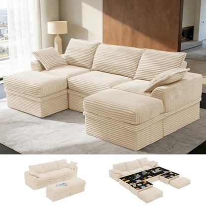 Upgrade Boneless Couch with Storage, Extra Deep&High Seat Modular Sectional Sofa 3 Seater U Shaped Cloud Couch with Ottoman, Tool-Free Assembly Sectional Couches for Living Room