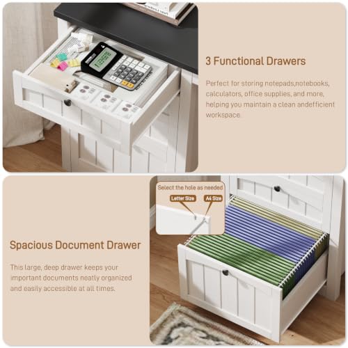47" Farmhouse Home Office Desk with 4 Drawers, Rustic White and Black, view 6