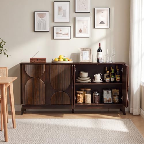 63 Inch Mid Century Modern Fluted Sideboard Buffet Cabinet Dark Walnut, view 3