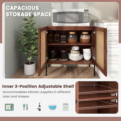 Buffet Cabinet, Rattan Sideboard Console Table Coffee Bar Accent Cabinet w/Adjustable Shelf, Walnut Credenza, Storage Cabinet for Entryway Kitchen Living Room Hallway (1, Walnut)