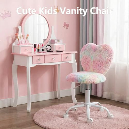 Kids Desk Chair Faux Fur Study Chair for Teenage Girls, Adjustable Heart Shaped Kids Vanity Chair for Bedroom Reading Living Room, Small Cute Student Task Chair with White Foot, Colorful