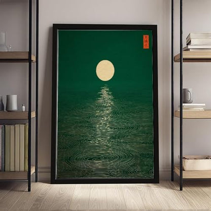 Green Zen Moon Wall Art Emerald Forest Landscape Print Mid Century Modern Minimalist Ripples Poster Oriental Calm Nature Picture for Living Room Bedroom Decor